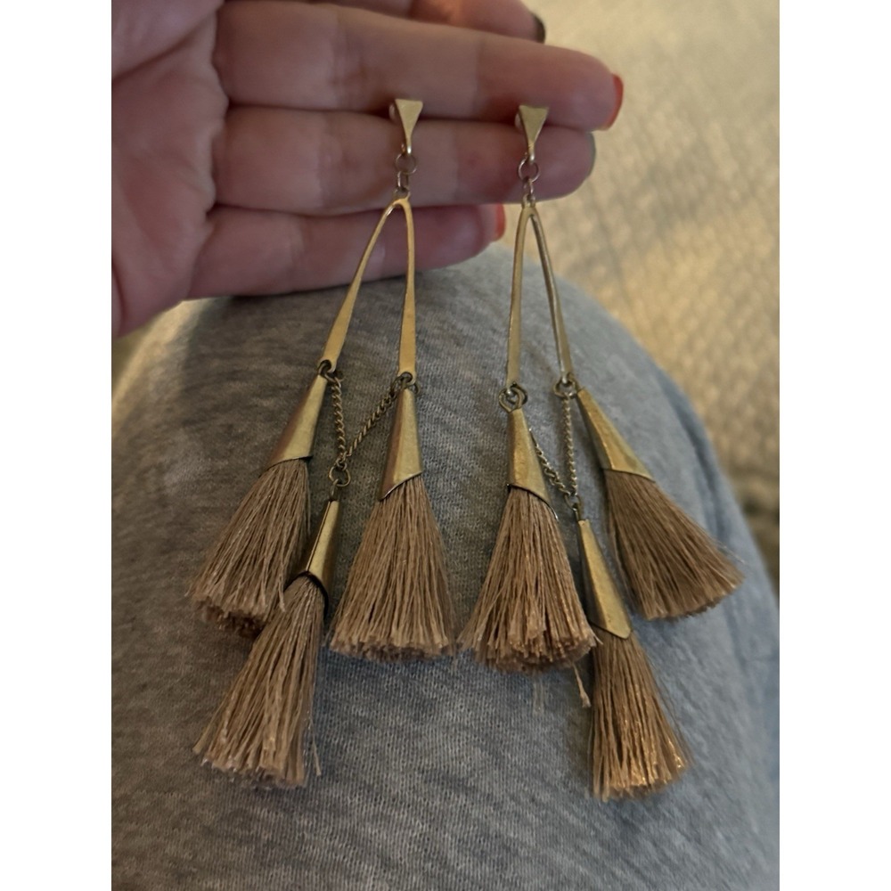 Two pair -Gold Tone Brown Tassel Dangle Earrings & Hook Closure Metal Fabric